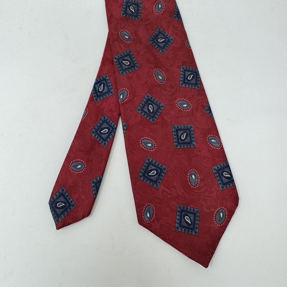 Italian All Silk‎ Tie Mens Red Blue Paisley Geometric Handmade Necktie Classic